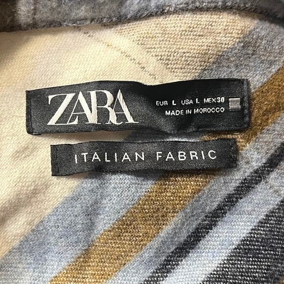 ZARA Oversized Plaid Shaket Jacket L Italian Wool Fabric Blue Brown Grunge 90s - Picture 6 of 7